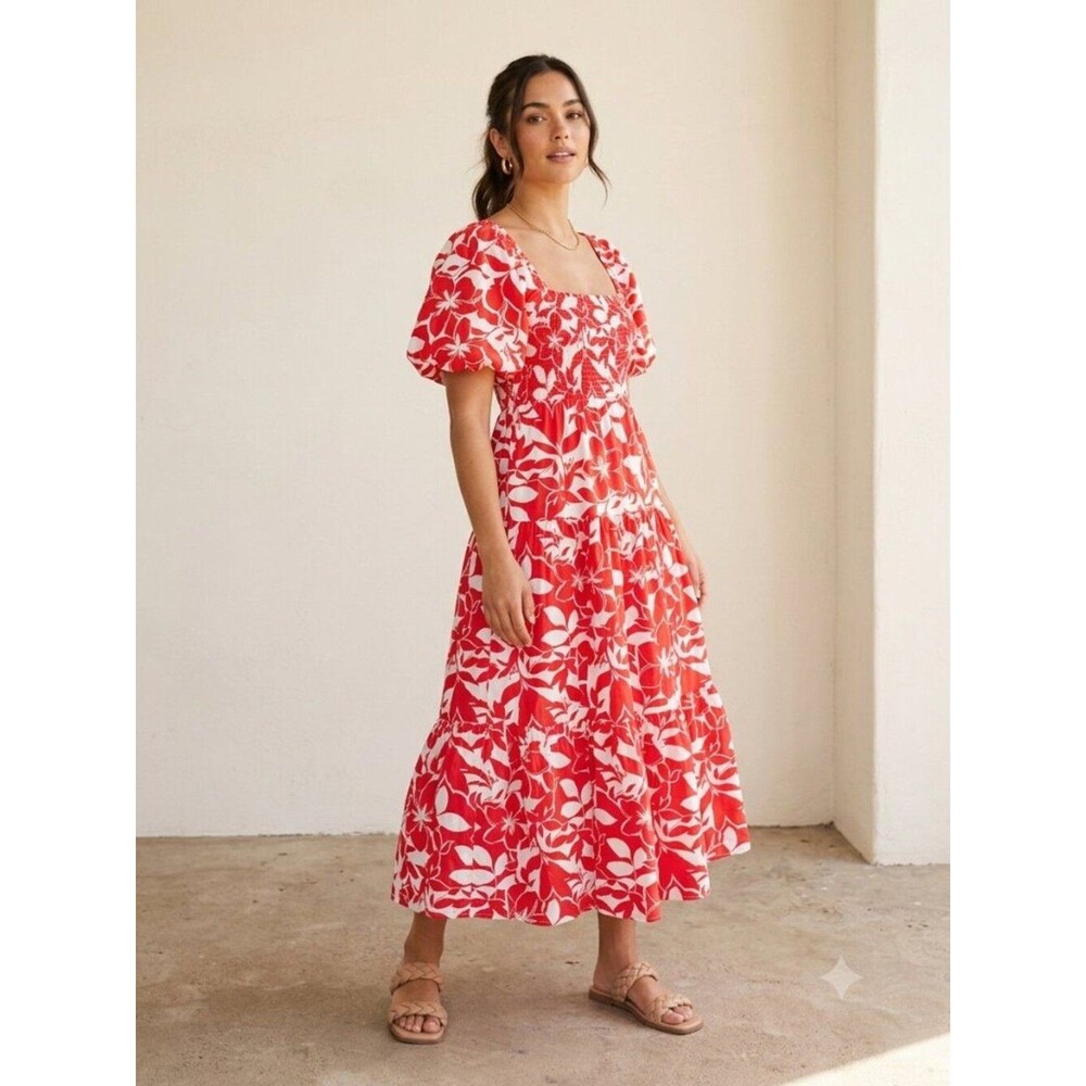 Meadow Rhodes Red Floral Cottagecore Puff Sleeve Tiered Maxi Dress S 100% Cotton